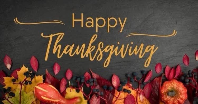 happy Thanksgiving fall leaves and small pumpkins