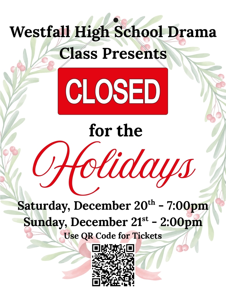Closed for the Holidays WHS Drama Class Play Christmas wreath with red berries and red ribbon
