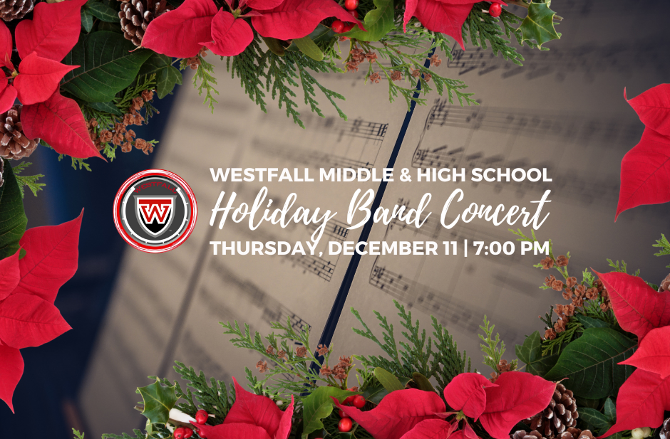 Holiday Band Concert Music Sheet and poinsettias surrounding image