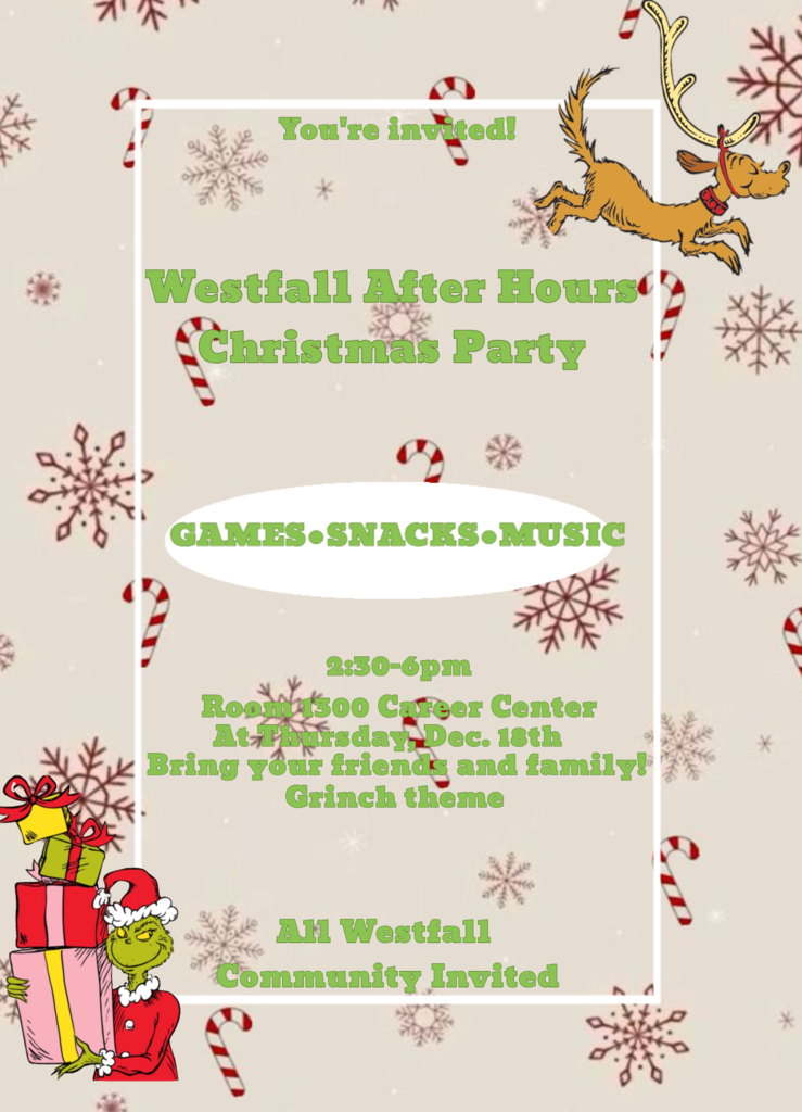 Westfall After Hours Grinch holding presents, Grinch's dog with antler tied to head with candy canes and red snowflakes