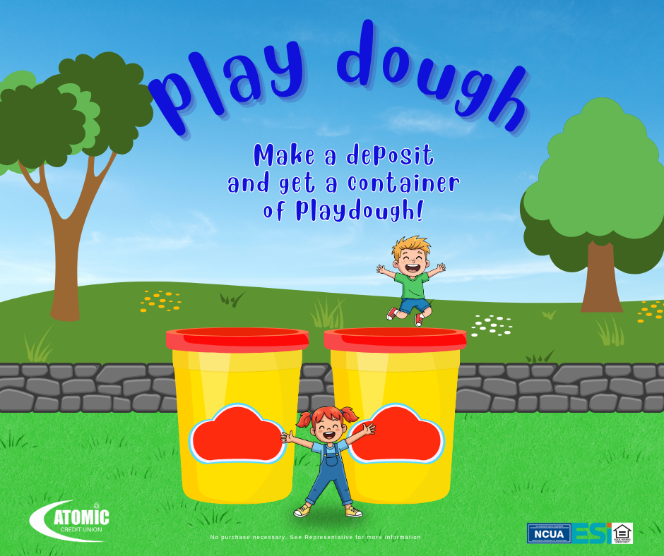 Cartoon scene with children celebrating around two tubs of yellow and red play-doh