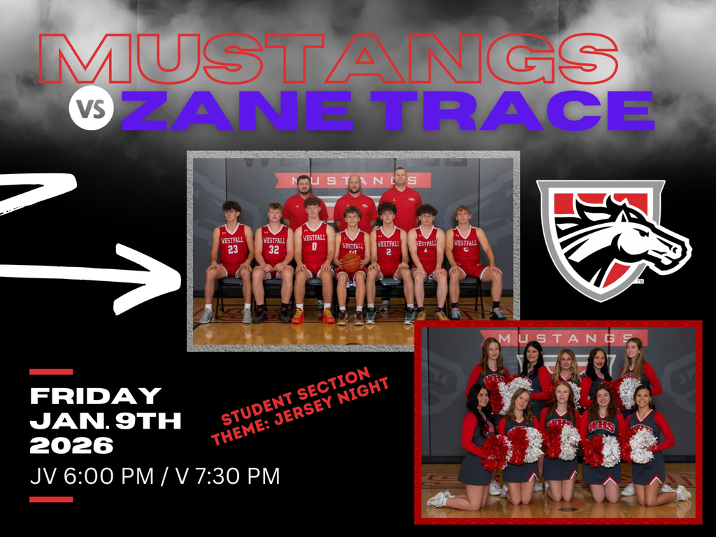 Mustangs vs Zane Trace Friday Jan 9 2026 JV 6:00 PM V 7:30 PM Student Section Theme Jersey Night Photos of basketball team and cheer squad
