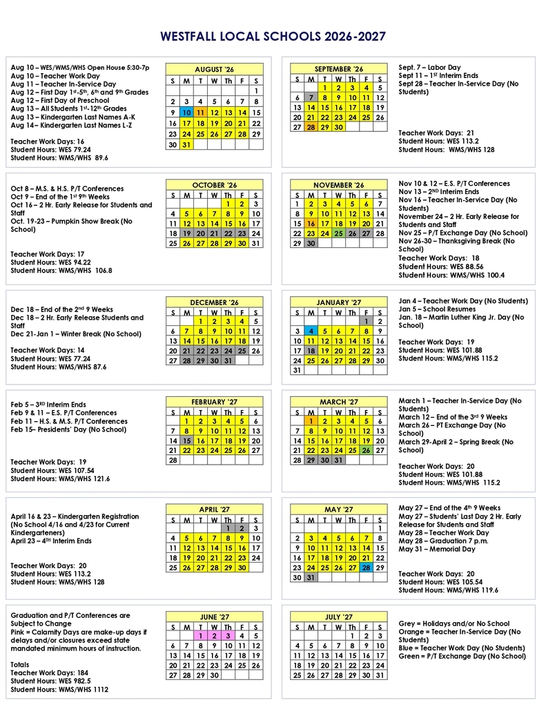 Westfall Local School 2026-2027 district calendar