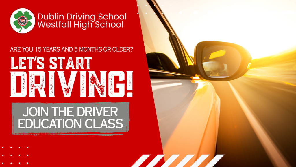 Car's side mirror with text are you 15 and 5 months or older? Let's start driving? Join the driver education class
