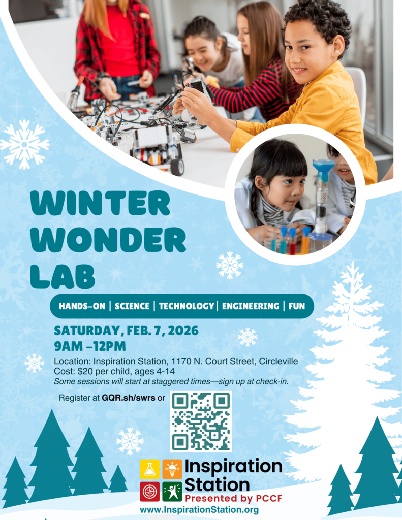 Winter Wonder Lab Students conducting science experiments with wintery scene in background