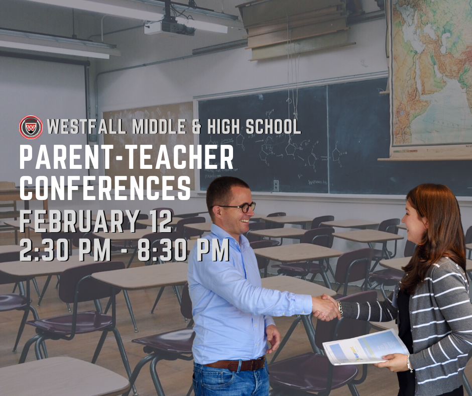 Parent Teacher Conferences - Man and Woman shaking hands with a classroom as background