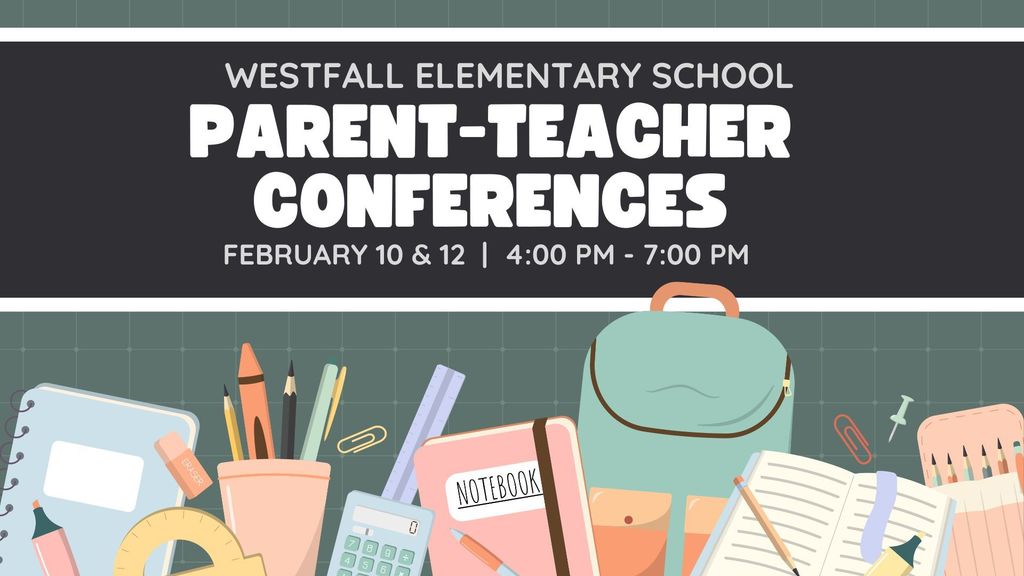 Parent Teacher Conferences - cartoon school supplies - notebooks, pencils, calculator, and backpack