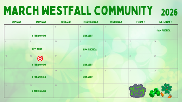 March Westfall Community calendar with Workout dates scheduled