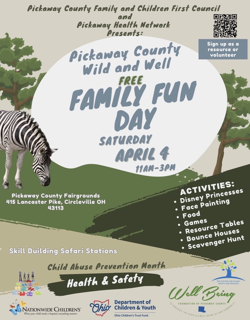 An event flyer for the Pickaway County Wild and Well Free Family Fun Day, taking place Saturday, April 4, from 11 AM to 3 PM at the Pickaway County Fairgrounds in Circleville, Ohio. The safari-themed design features a zebra and trees, promoting activities like Disney Princesses, face painting, food, games, bounce houses, and a scavenger hunt. The event is presented by the Pickaway County Family and Children First Council and Pickaway Health Network, with a focus on Skill Building Safari Stations and Child Abuse Prevention Month. A QR code is included to sign up as a resource or volunteer.