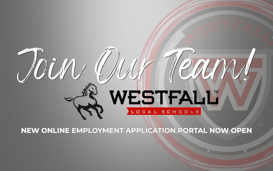 Join Our Team - A recruitment graphic for Westfall Local Schools against a grey gradient background. The top features the phrase "Join Our Team!" in large, white, cursive script. Below this is the Westfall Local Schools logo, which includes a black silhouette of a galloping mustang and the district name in bold black and red lettering. At the bottom, white capitalized text reads, "NEW ONLINE EMPLOYMENT APPLICATION PORTAL NOW OPEN." A faint, circular red emblem of the school's "W" logo is visible in the background on the right side.
