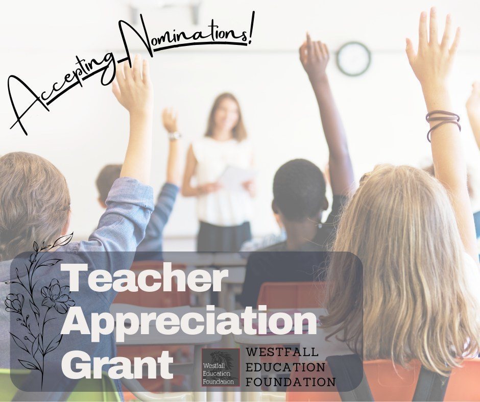 Teacher Appreciation Grant - Gemini said A classroom scene where several students have their hands raised toward a female teacher standing at the front of the room. The image is overlaid with the stylized handwritten text "Accepting Nominations!" at the top and a large semi-transparent block at the bottom containing the words "Teacher Appreciation Grant" alongside the Westfall Education Foundation logo.