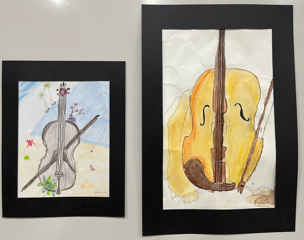 two pieces of artwork depicting colorful violin with a black border
