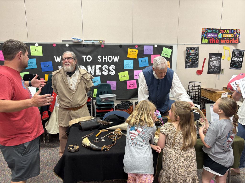 Men dressed in civil war outfits talking and demonstrating to students 