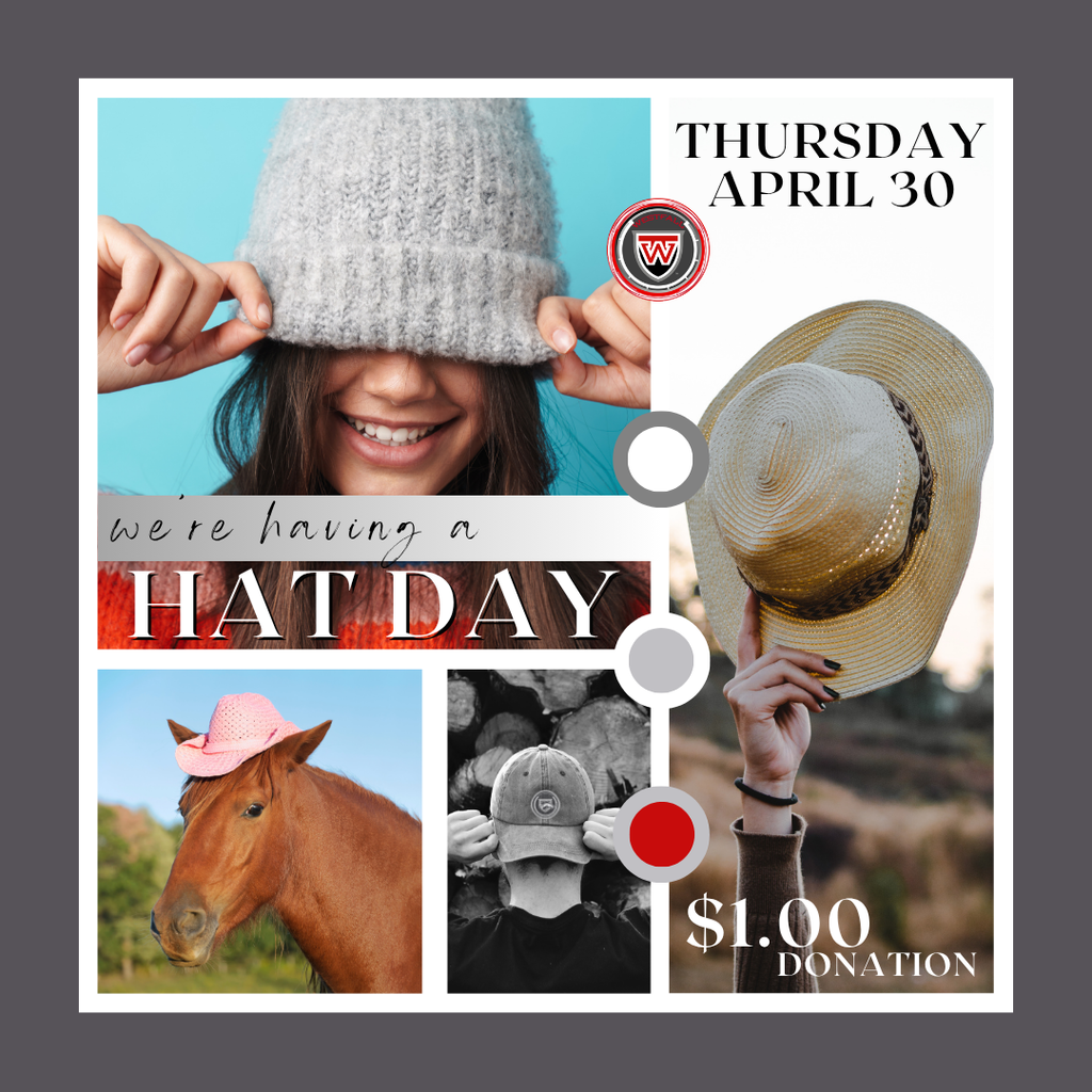 Hat Day - A promotional flyer for an event titled "We're having a HAT DAY" scheduled for Thursday, April 30. The flyer features a collage of four photos: a woman pulling a grey beanie over her eyes, a person holding up a straw sun hat, a brown horse wearing a small pink cowboy hat, and a black-and-white shot of a person wearing a baseball cap backward. A school logo with a red "W" is visible at the top, and the bottom right corner indicates a one-dollar donation is required to participate. The design is accented with white, grey, and red circular graphic elements.