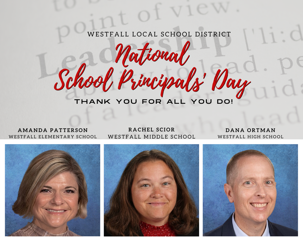 National School Principals Day - A graphic for National School Principals' Day from Westfall Local School District featuring a light grey background with faded dictionary-style text and the message "Thank you for all you do!" written in red and black script. Below the text are three rectangular headshots and the names of the district's principals: Amanda Patterson of Westfall Elementary School, Rachel Scior of Westfall Middle School, and Dana Ortman of Westfall High School. All three individuals are smiling against a blue textured backdrop.