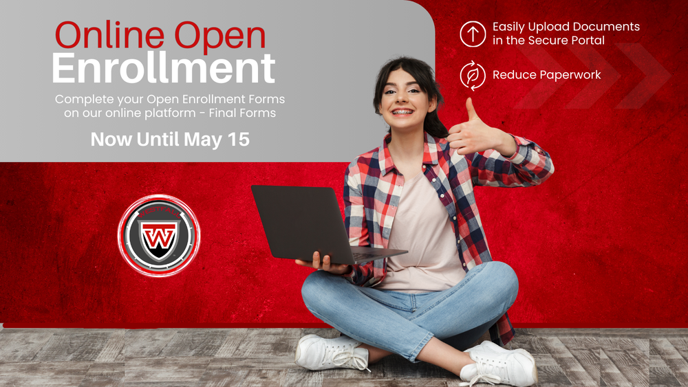 Online Open Enrollment - A promotional graphic for Online Open Enrollment featuring a student sitting cross-legged on a wooden floor, holding a laptop and giving a thumbs up. The background is split between a grey section and a textured red wall displaying the Westfall "W" logo. Text on the graphic reads "Online Open Enrollment" and "Complete your Open Enrollment Forms on our online platform – Final Forms" with the deadline "Now Until May 15." Icons on the red side highlight benefits: "Easily Upload Documents in the Secure Portal" and "Reduce Paperwork."