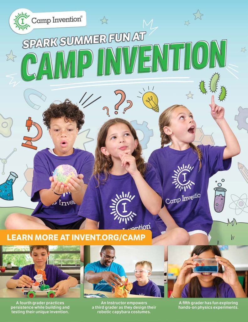 Camp Invention - Promotional flyer for Camp Invention summer camp featuring three children wearing purple Camp Invention shirts sitting together against a light blue background with science-themed illustrations including magnets, gears, test tubes, and light bulbs. Large text reads “Spark Summer Fun at Camp Invention.” One child holds a colorful foam ball, another is thinking with question marks above her head, and the third points upward toward cartoon microbes. A banner across the middle reads “Learn More at invent.org/camp.” Along the bottom are three smaller photos showing children participating in hands-on STEM activities including building inventions, working with an instructor on a robotic project, and exploring a physics experiment with liquid in a container.