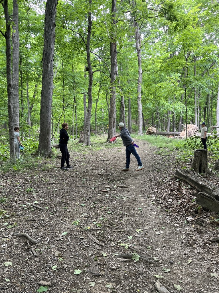 Students throwing frisbee in the woods