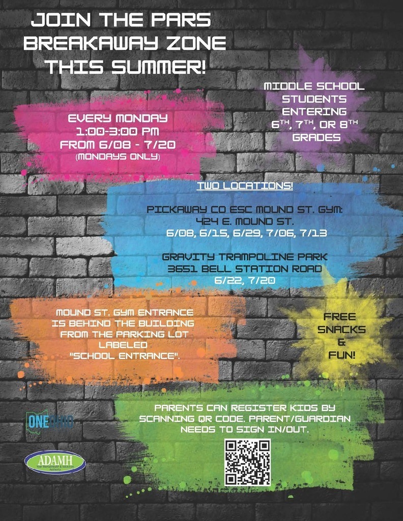 PARS Breakaway Zone - A promotional flyer for the "PARS Breakaway Zone" summer program, featuring bold text and colorful graphics. The event is designed for middle school students entering 6th, 7th, or 8th grades. The program runs every Monday from 1:00 to 3:00 PM, from June 8th through July 20th. It takes place across two locations depending on the date. For June 8, June 15, June 29, July 6, and July 13, the program is held at the Pickaway Co ESC Mound St. Gym at 424 E. Mound St., with the entrance located behind the building from the parking lot labeled "School Entrance". On June 22 and July 20, the program moves to Gravity Trampoline Park at 3651 Bell Station Road. The flyer promises free snacks and fun, and it features the ONE and ADAMH logos. It includes a QR code that parents can scan to register their children, and notes that a parent or guardian needs to sign the students in and out.