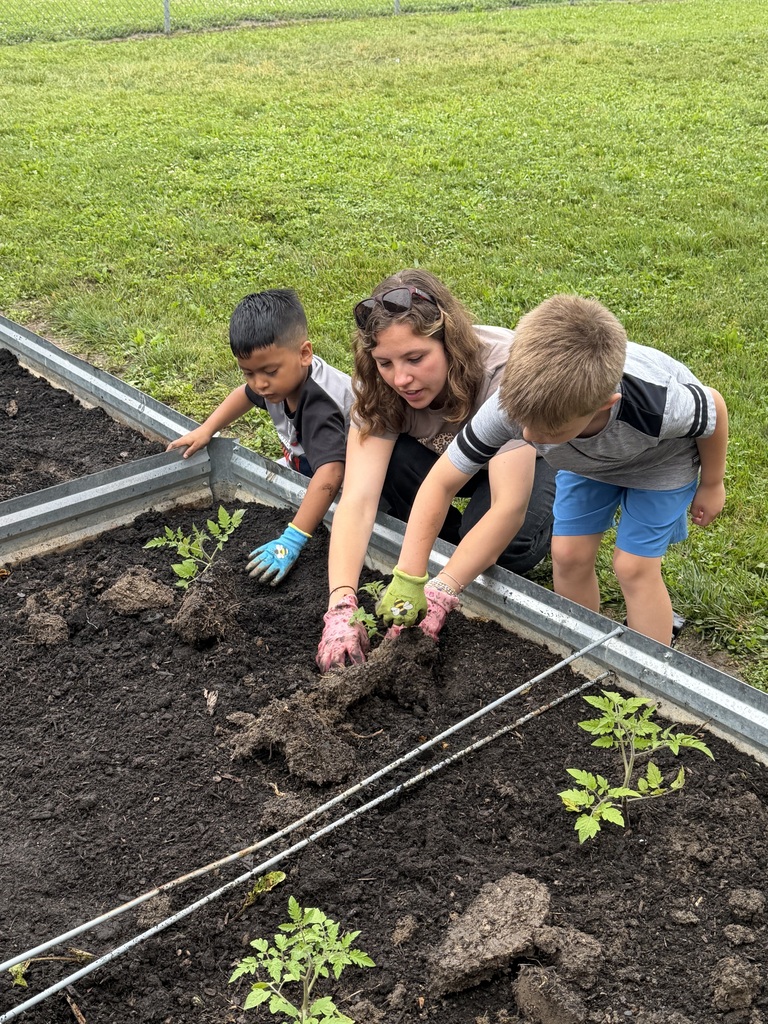 Students working in a raised garden