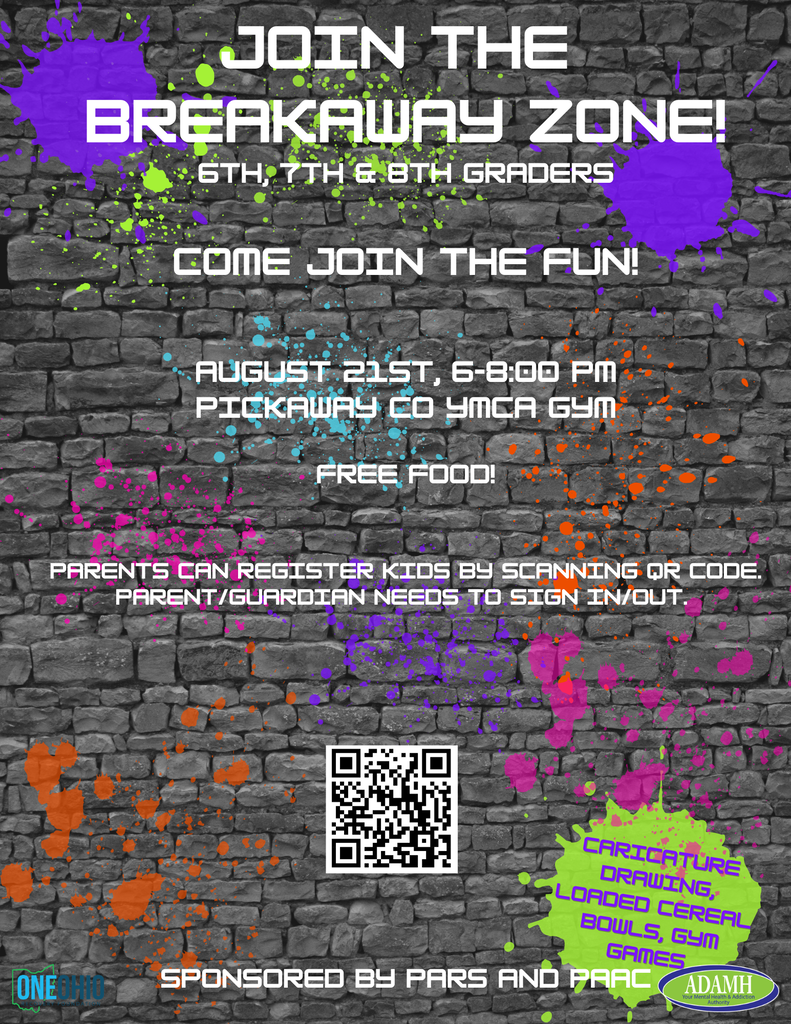 Join the Breakaway Zone flyer with grey bricks and paint splatter