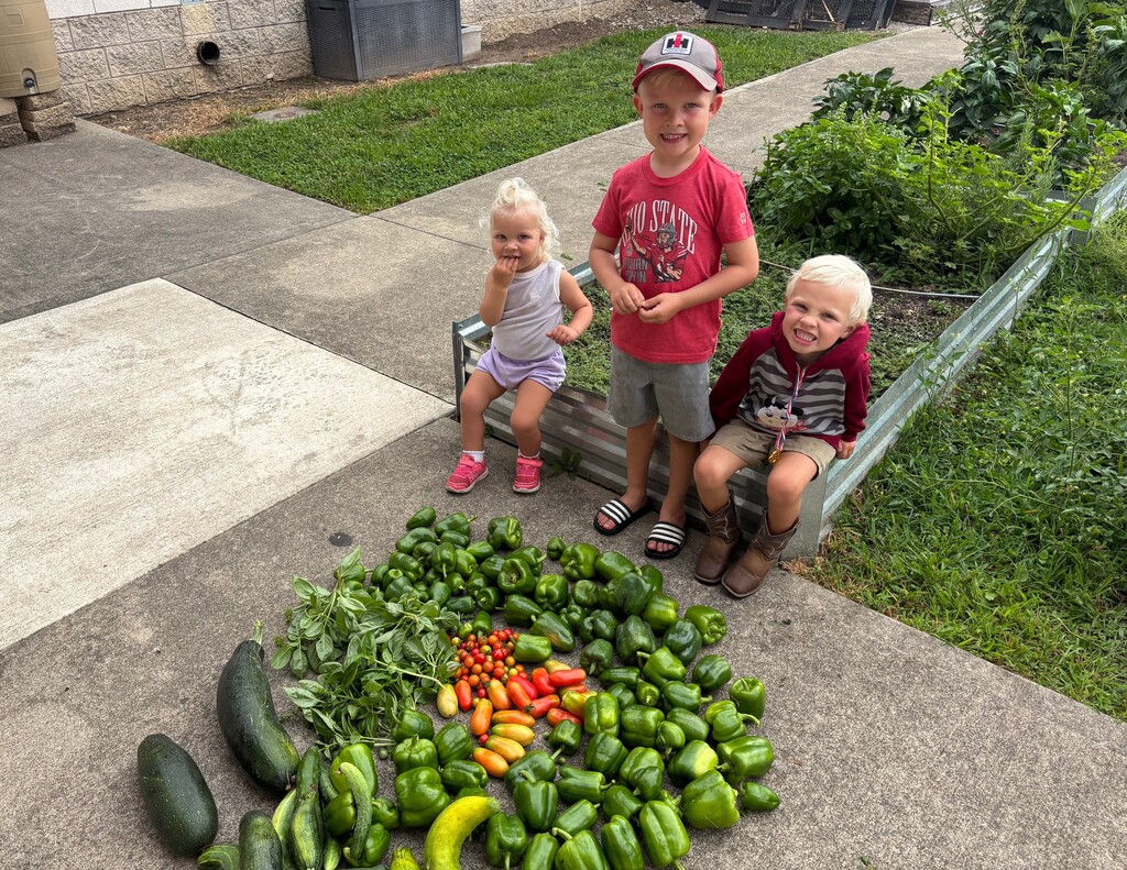 Three young students posing with picked vegetables