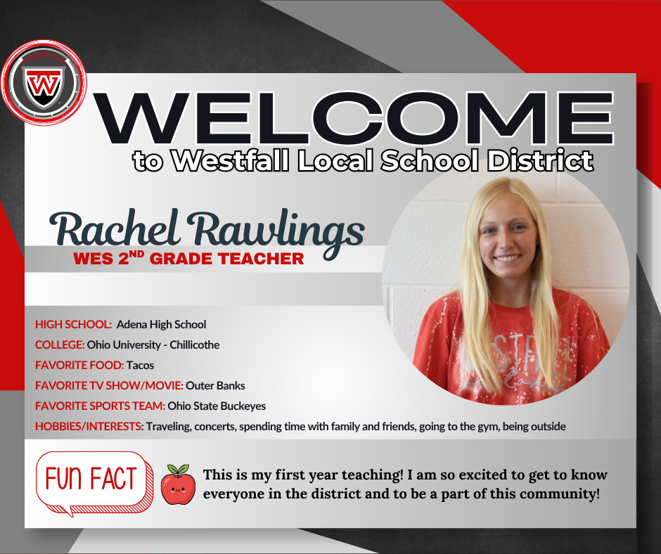 Welcome to Westfall Local School District post with name, title, and fun facts about new staff member.