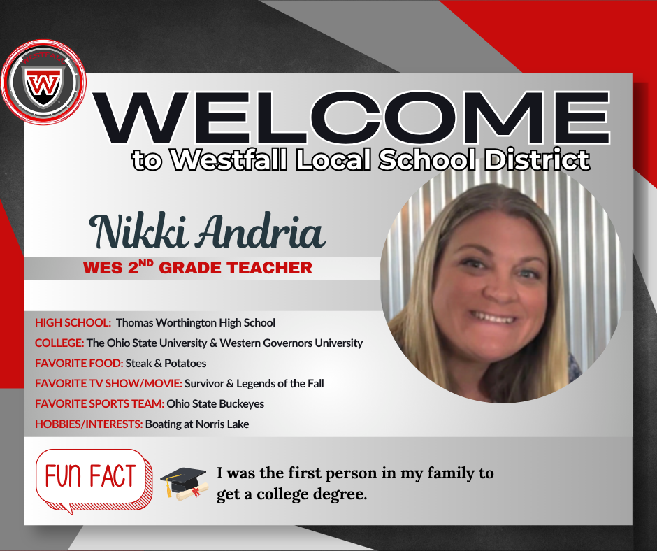 Welcome to Westfall Local School District post with name, title, and fun facts about new staff member.