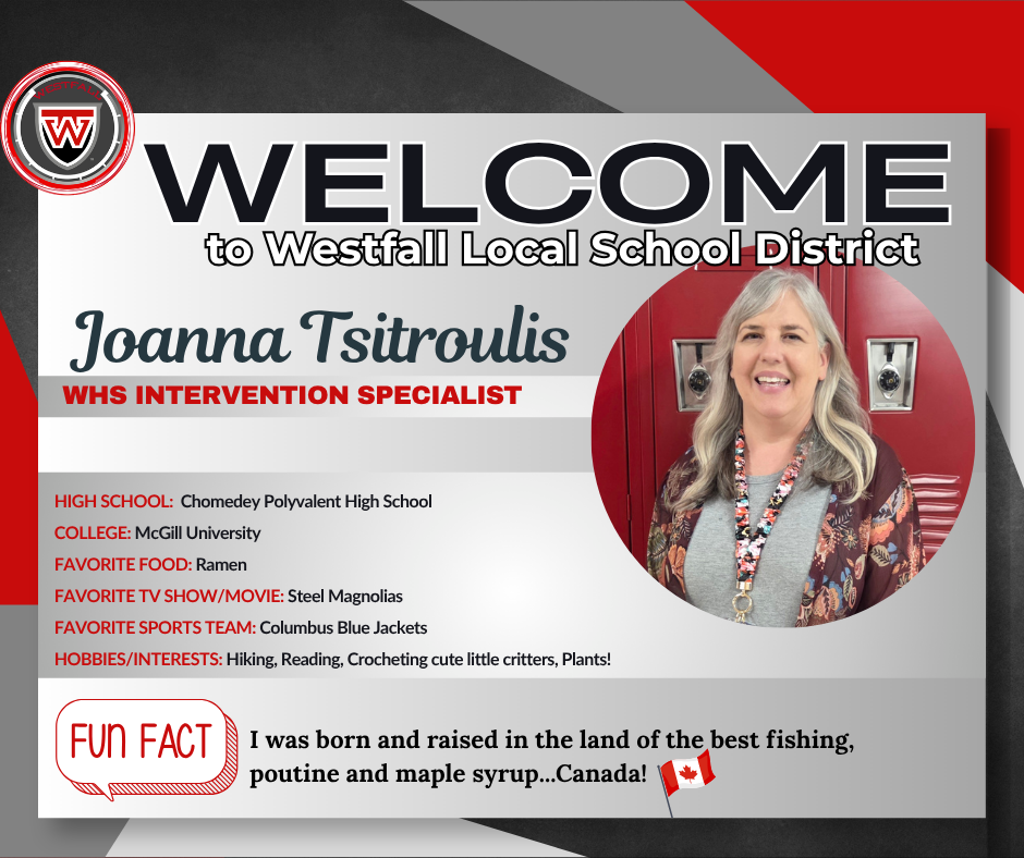 Welcome to Westfall Local School District post with name, title, and fun facts about new staff member.