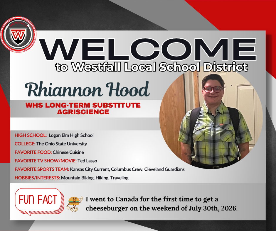 Welcome to Westfall Local School District post with name, title, and fun facts about new staff member.