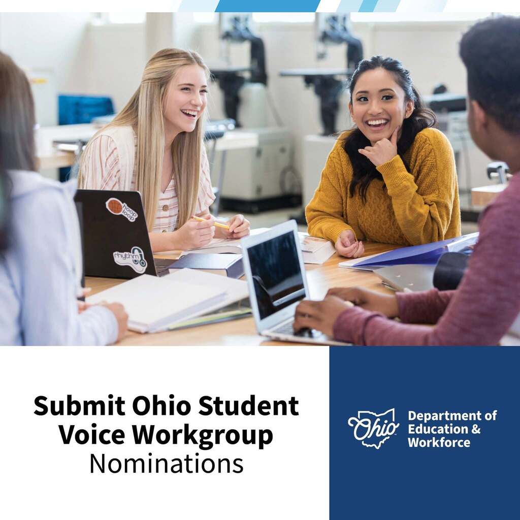 Four young adults sit around a wooden table in a brightly lit classroom or laboratory setting, smiling and engaged in conversation. Open laptops, notebooks, and papers are spread across the table. Below the photograph, a graphic features a white background on the left with black text reading "Submit Ohio Student Voice Workgroup Nominations." The right side of the graphic has a dark blue section featuring the official logo for the "Ohio Department of Education & Workforce."