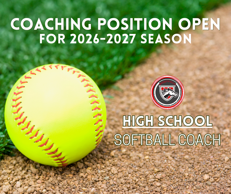 An graphic announcement against a split background featuring green artificial turf on the top left and a dirt infield on the bottom right. On the left, a bright yellow softball with red stitching rests on the ground. To the right is a circular team logo depicting a horse head silhouette inside a red and black border. Prominent white text at the top reads "COACHING POSITION OPEN FOR 2026-2027 SEASON," and outlined text on the right reads "HIGH SCHOOL SOFTBALL COACH."