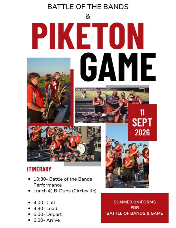 Battle of the Bands and Piketon Game with photos from the Westfall Mustangs Marching Band, September 11, 2026 Itinerary 10:30 - Battle of the Bands Performance with lunch to follow at B-Dubs in Circleville, 4:00 call, 4:30 load, 5:00 depart, and 6:00 arrive. Red box with white text that reads Summer Uniforms for Battle of the Bands and Game