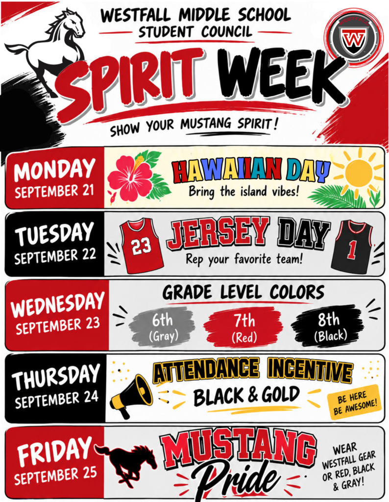 Student Council Spirit Week: Westfall Middle School Student Council Spirit Week schedule for September 21–25, featuring daily dress-up themes: Hawaiian Day, Jersey Day, Grade Level Colors, Attendance Incentive (Black & Gold), and Mustang Pride.