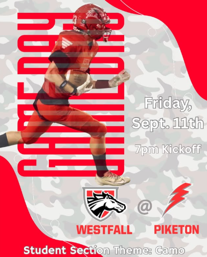 A promotional "Game Day" graphic featuring a camouflage background with red accent swirls. On the left side, vertical bold red text reads "GAME DAY" behind an action photo of a football player in a red uniform and red helmet running with a football tucked under his arm. To the right, white outlined text states "Friday, Sept. 11th" and "7pm Kickoff". Beneath the event details, the Westfall Mustangs crest logo and red "WESTFALL" text sit to the left of an "@" symbol and a red lightning bolt logo with red "PIKETON" text, indicating a matchup between Westfall and Piketon. At the bottom, white text reads "Student Section Theme: Camo".