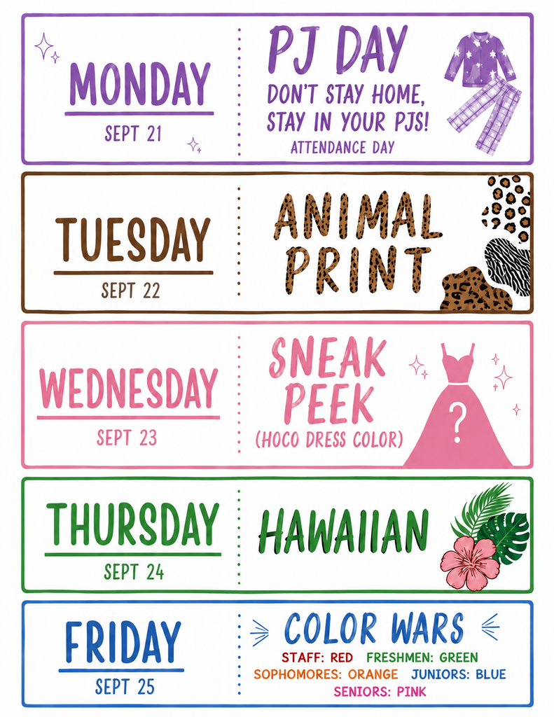 A schedule graphic titled for a week of dress-up days, divided into five stacked rectangular sections with dotted vertical dividers separating the dates from the themes. Monday, Sept 21 is "PJ Day" with the slogan "Don't stay home, stay in your PJs! Attendance Day" alongside an illustration of purple star-patterned pajamas and plaid pants. Tuesday, Sept 22 is "Animal Print," featuring cheetah and zebra pattern graphics. Wednesday, Sept 23 is "Sneak Peek (HOCO Dress Color)," featuring an illustration of a pink dress with a question mark. Thursday, Sept 24 is "Hawaiian," adorned with tropical palm leaves and a pink hibiscus flower. Friday, Sept 25 is "Color Wars," which assigns specific shirt colors to each group: Staff wear Red, Freshmen wear Green, Sophomores wear Orange, Juniors wear Blue, and Seniors wear Pink.