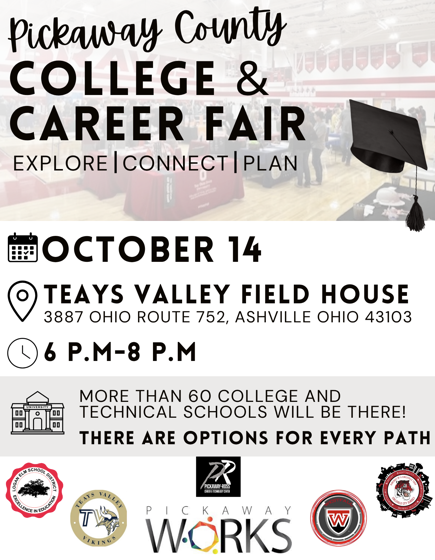 A promotional flyer for the Pickaway County College & Career Fair. It announces the event on October 14 from 6–8 p.m. at Teays Valley Field House, located at 3887 Ohio Route 752 in Ashville, Ohio. The flyer states that more than 60 colleges and technical schools will be present and encourages attendees to “Explore | Connect | Plan” with options for every path. Logos from participating organizations appear along the bottom, with a graduation cap graphic in the upper right.