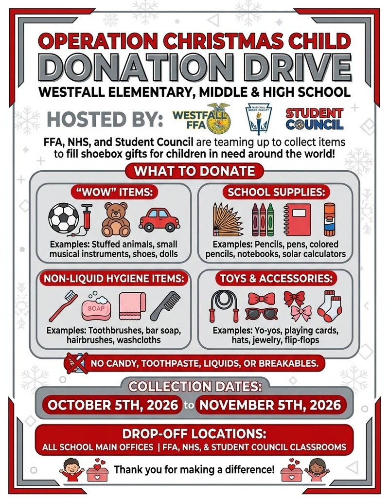 Flyer for Westfall Elementary, Middle & High School’s Operation Christmas Child Donation Drive, hosted by FFA, NHS, and Student Council. Donations are collected October 5–November 5, 2026, at school main offices, FFA, NHS, and Student Council classrooms. Requested items include toys, school supplies, non-liquid hygiene items, and accessories. No candy, toothpaste, liquids, or breakables.
