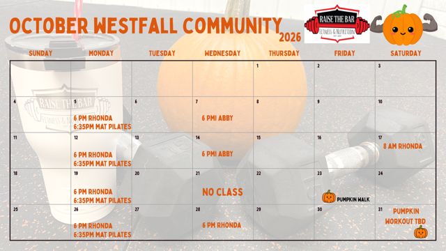Raise the Bar Fitness and Nutrition October calendar for the community