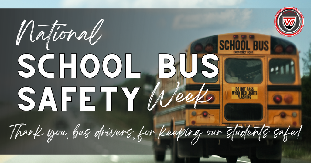 National School Bus Safety Week - School bus driving down the road with Westfall logo in top right corner. Text reads Thank you, bus drivers, for keeping our students safe!