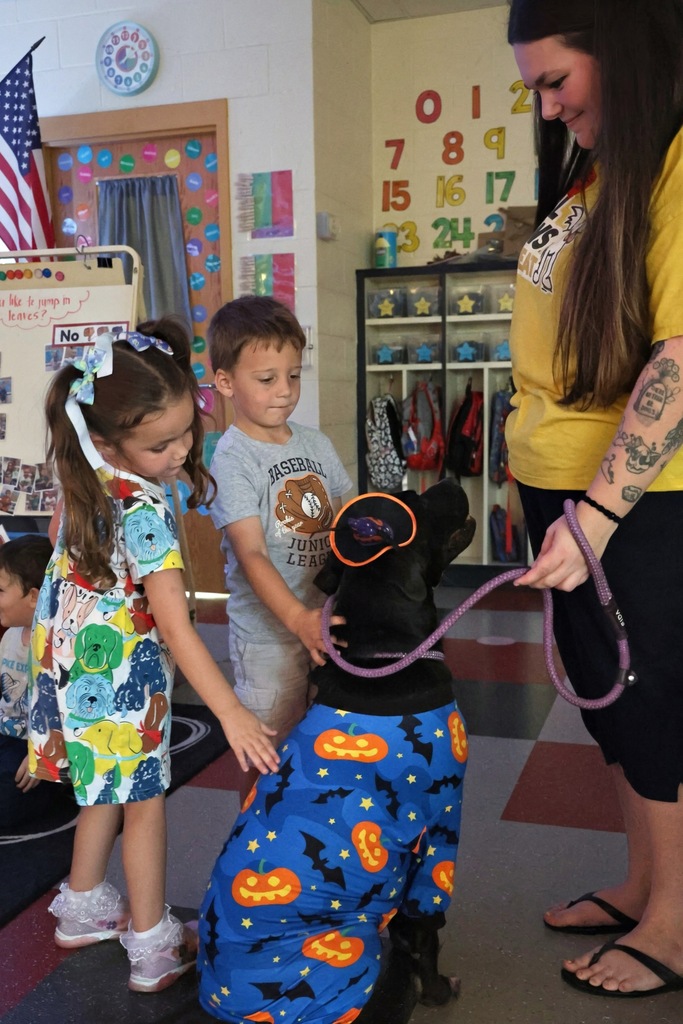 Students petting dog