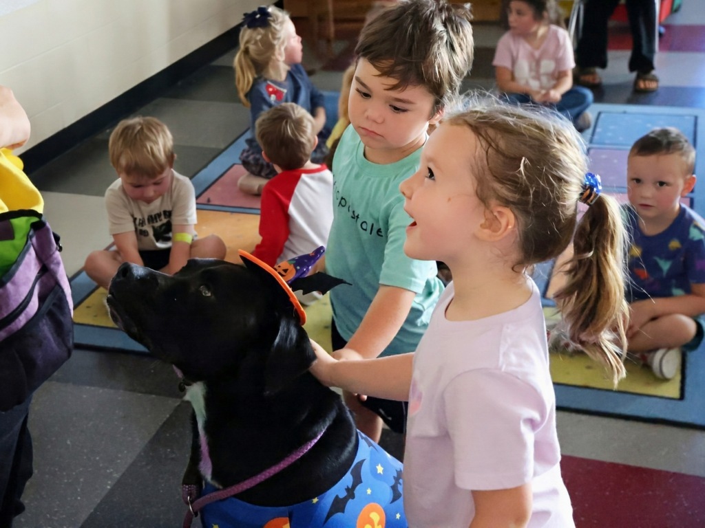 Students petting dog