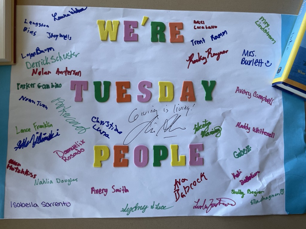 Mrs. Burlett (HS ELA) teaches Tuesday with Morrie every fall with her juniors. Her class made a poster for him to sign while she attended a conference last night near Cleveland. He posted a pic of her and the poster on his Instagram. Great job Mrs. Burlett!