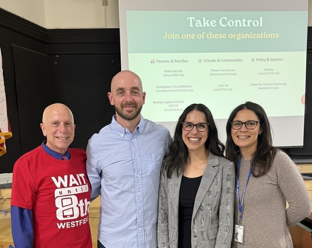 School Administrators pose with PTO President and Screen Time Expert