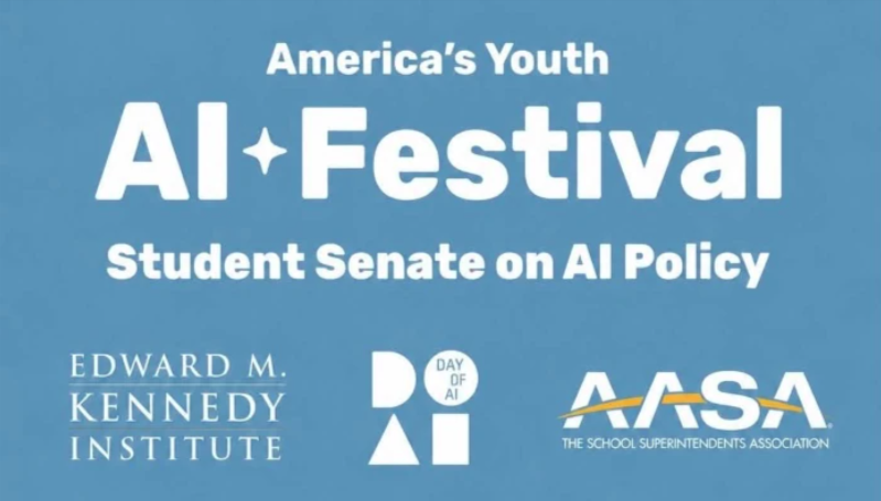 Blue graphic banner titled "America's Youth AI Festival: Student Senate on AI Policy" featuring logos for the Edward M. Kennedy Institute, Day of AI, and AASA.