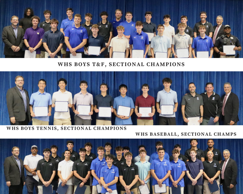 Photo collage of student athletes posing for picture at Board meeting