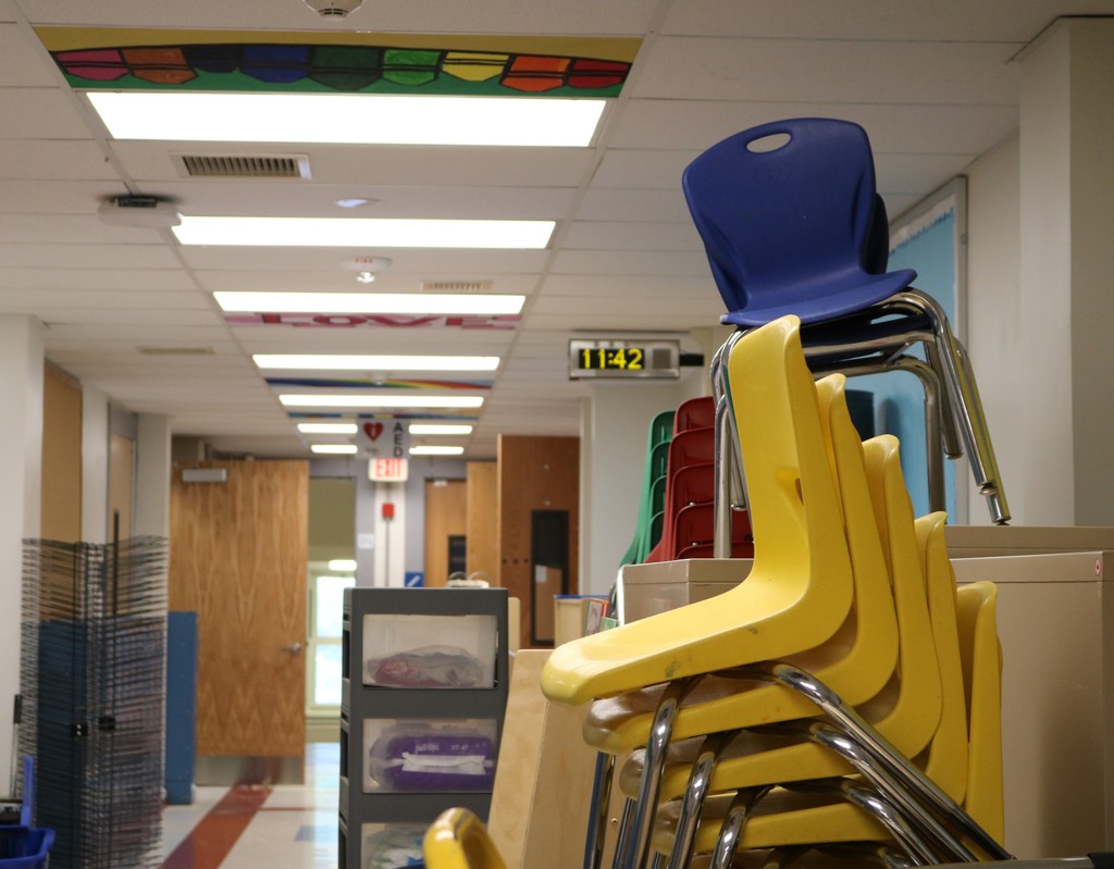 Lincoln hallway with classroom chairs and furniture 