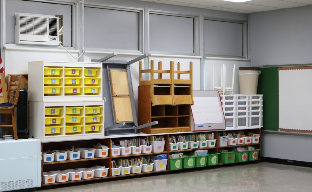 Classroom with furniture neatly stacked