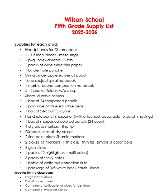 5th Grade Supply List