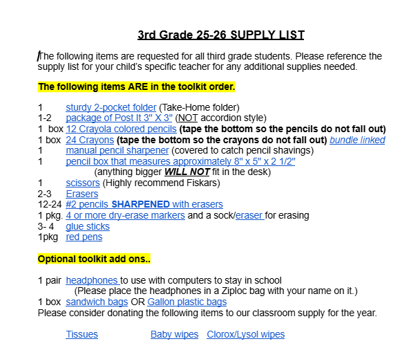 3rd Grade List